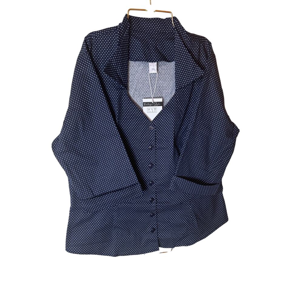 Vintage Style Women’s 3X top nwt casual business button up top blue polka dots